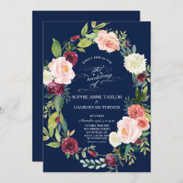 Invitación Borgoña Rubor Floral Wreath Dark Blue Boda