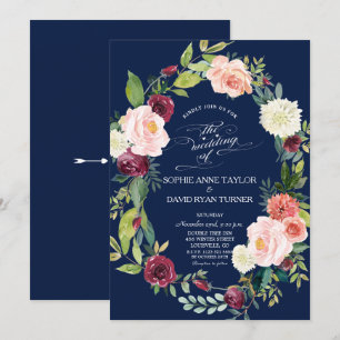 Invitación Borgoña Rubor Floral Wreath Dark Blue Boda