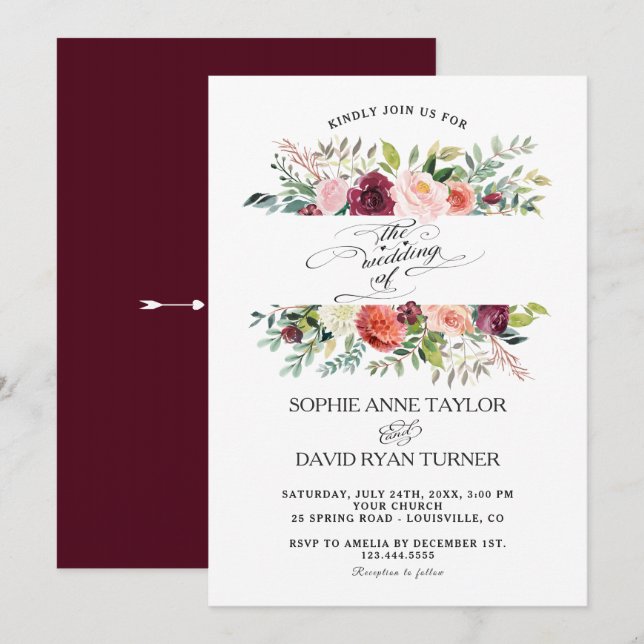 Invitación Borgoña Rubor Flores de marfil Boda de marco (Anverso / Reverso)