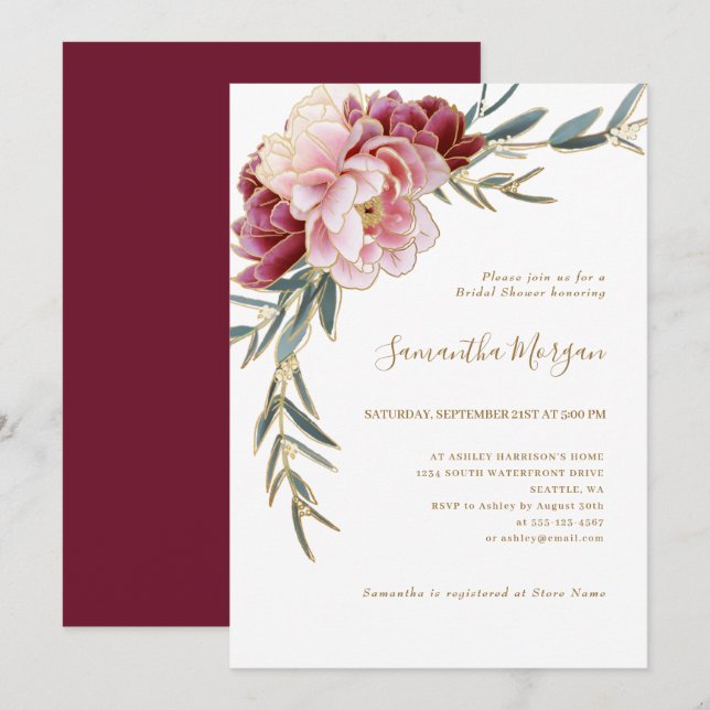 Invitación Borgoña Rubor Gold Floral Greeneration Bridal Show (Anverso / Reverso)