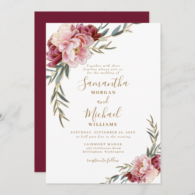Invitación Borgoña Rubor Gold Floral Greenery Boda (Anverso / Reverso)