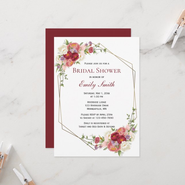 Invitación Borgoña Rubor Gold Frame Floral Bridal Shower (Anverso/Reverso In Situ)