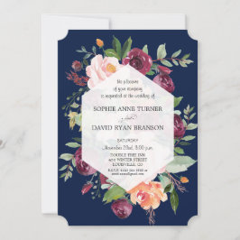 Invitación Borgoña Rubor Ivory Floral Dark Blue Boda
