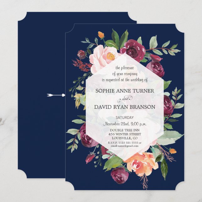 Invitación Borgoña Rubor Ivory Floral Dark Blue Boda (Anverso / Reverso)