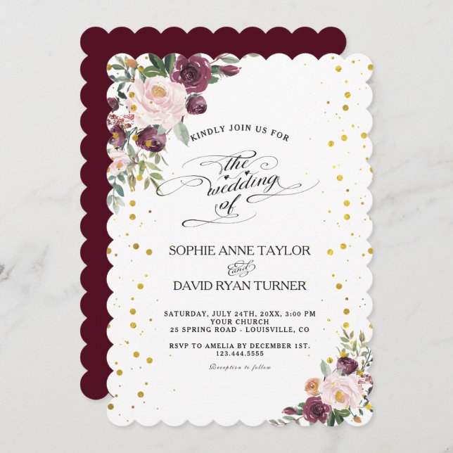Invitación Borgoña Rubor Ivory Floral Maroon Gold Boda (Anverso / Reverso)