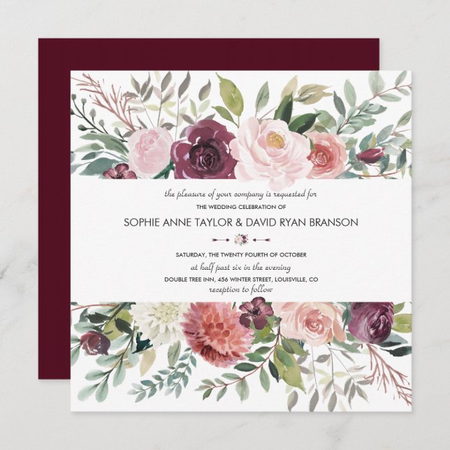 Invitación Borgoña Rubor Ivory Floral Wreath Boda (Anverso / Reverso)