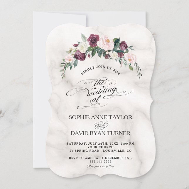 Invitación Borgoña Rubor Marble Boda de florecer floreciente (Anverso)