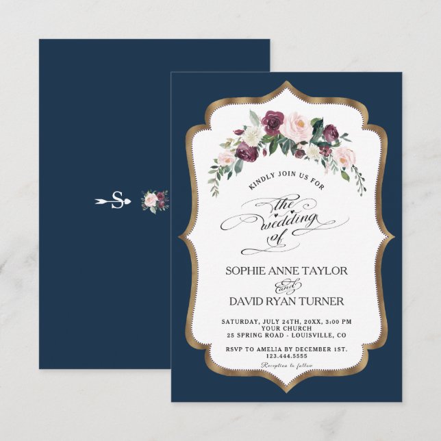 Invitación Borgoña Rubor Marfil Floral Bloom Gold Boda (Anverso / Reverso)