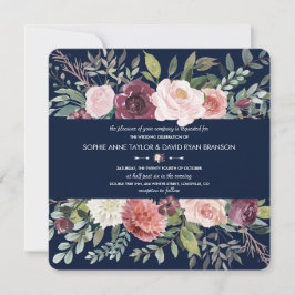 Invitación Borgoña Rubor Marfil Floral Naval Boda Azul