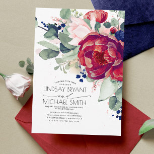 Invitación Borgoña Rubor Marina Blue Floral Elegant Wedding