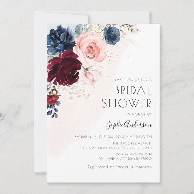 Invitación Borgoña Rubor Marina Floral Azul Boho Bridal Showe (Anverso)