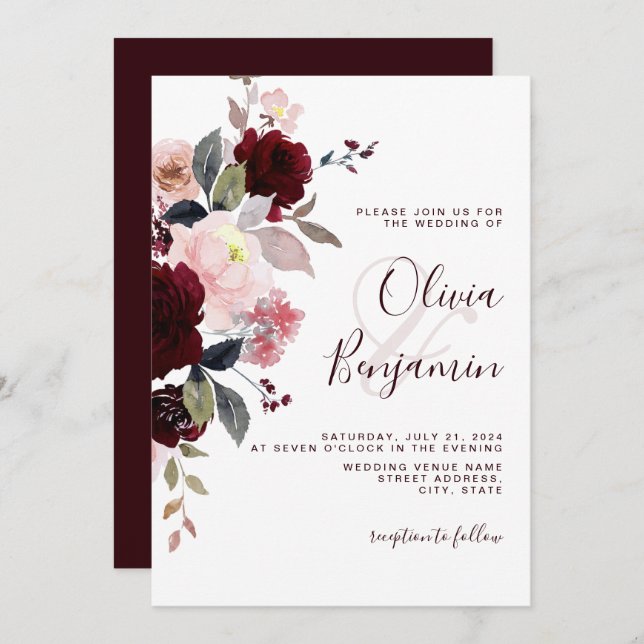 Invitación Borgoña Rubor Marsala Elegant Boda Floral (Anverso / Reverso)