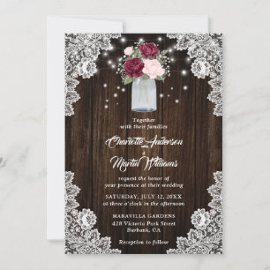 Invitación Borgoña Rubor Mason Jar Lace Boda Floral