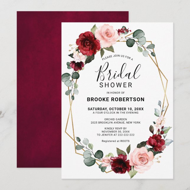 Invitación Borgoña Rubor moderna ducha de novia geométrica (Anverso / Reverso)