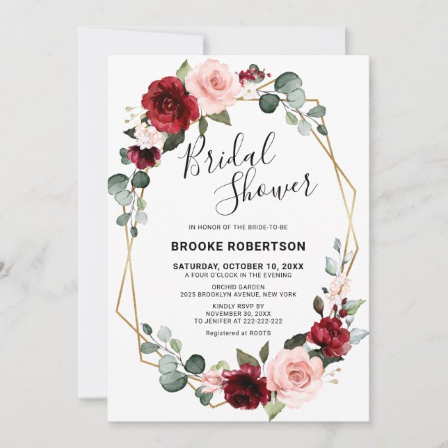 Invitación Borgoña Rubor moderna ducha de novia geométrica (Anverso)