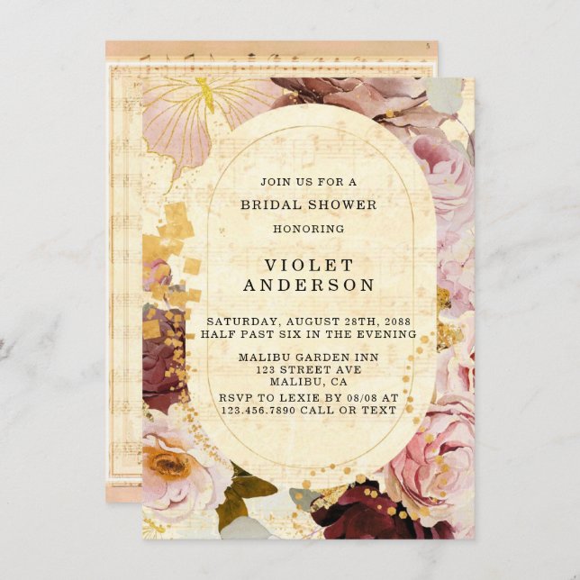 Invitación Borgoña Rubor Musical Floral Bridal Shower (Anverso / Reverso)