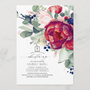 Invitación Borgoña Rubor Navy Blue Floral Christening