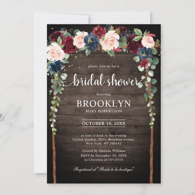 Invitación Borgoña Rubor Navy Floral Arch Bridal Shower Invi (Anverso)