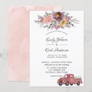 Invitación Borgoña Rubor Peony Vintage Truck Boda