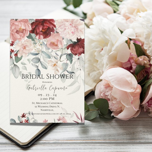 Invitación Borgoña Rubor Pink Floral Bridal Shower (Subido por el creador)