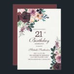 Invitación Borgoña Rubor Pink Floral deja 21 cumpleaños<br><div class="desc">Elegante color de agua burdeos y rosa rubor floral con hojas verdes sabrosas sobre la invitación blanca de la fiesta de cumpleaños 21 con un elegante tipo de letra de caligrafía.</div>