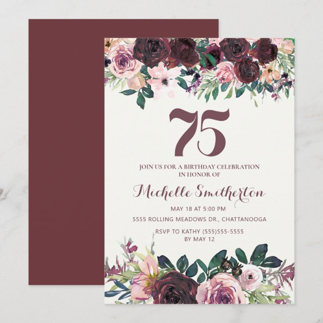 Invitación Borgoña Rubor Pink Floral deja 75 cumpleaños (Anverso / Reverso)