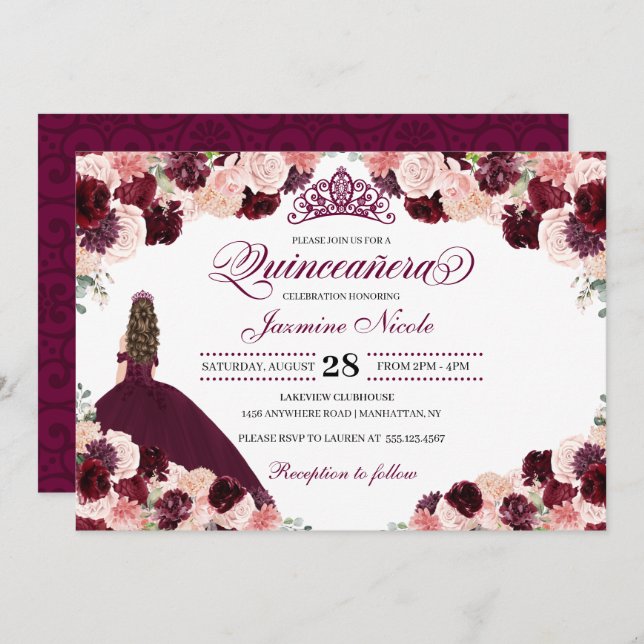Invitación Borgoña Rubor Pink Floral Quinceanera Cumpleaños E (Anverso / Reverso)