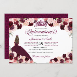 Invitación Borgoña Rubor Pink Floral Quinceanera Cumpleaños E