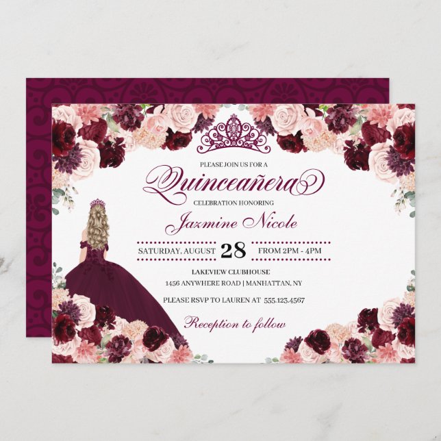 Invitación Borgoña Rubor Pink Floral Quinceanera Cumpleaños E (Anverso / Reverso)