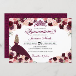 Invitación Borgoña Rubor Pink Floral Quinceanera Cumpleaños E