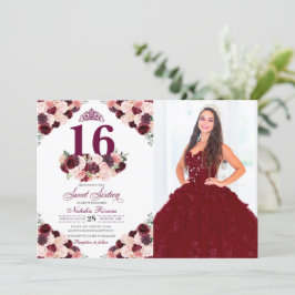 Invitación Borgoña Rubor Pink Floral Sweet 16 Birthday Photo