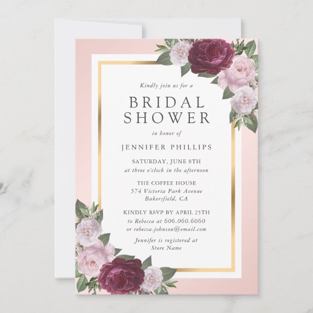 Invitación Borgoña Rubor Pink Gold Floral Bridal Shower (Anverso)