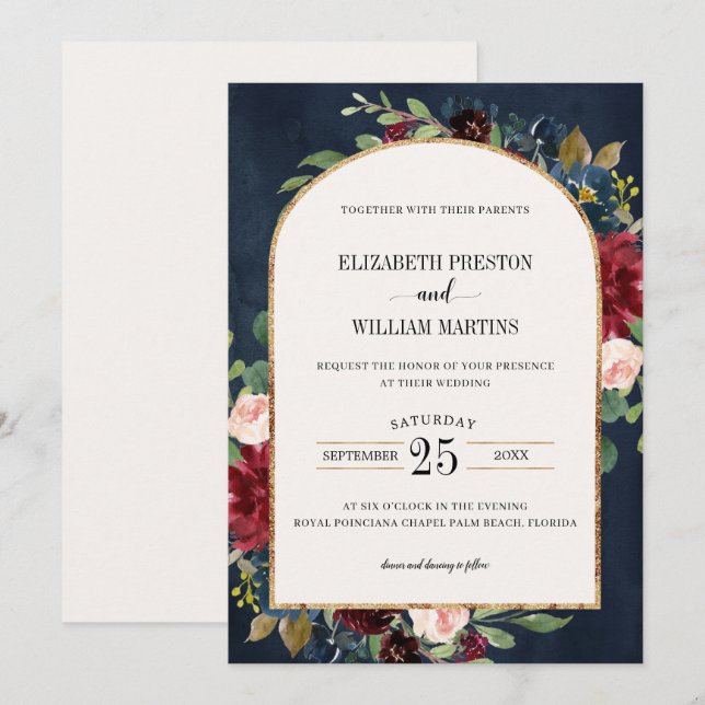 Invitación Borgoña Rubor Pink Navy Floral Arch Frame Boda (Anverso / Reverso)