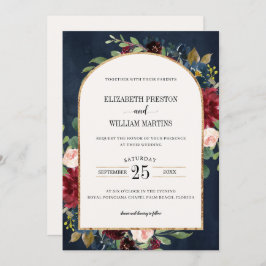 Invitación Borgoña Rubor Pink Navy Floral Arch Frame Boda