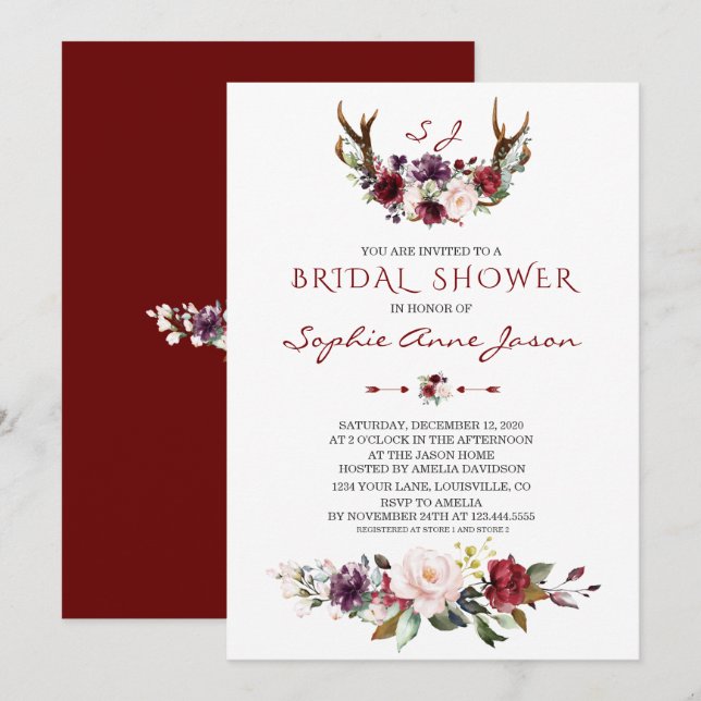 Invitación Borgoña Rubor Plum Floral Antlers Bridal Shower (Anverso / Reverso)