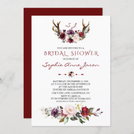 Invitación Borgoña Rubor Plum Floral Antlers Bridal Shower