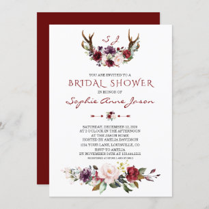 Invitación Borgoña Rubor Plum Floral Antlers Bridal Shower