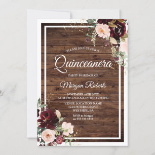Invitación Borgoña Rubor Red Wine Floral Rustic Quinceanera