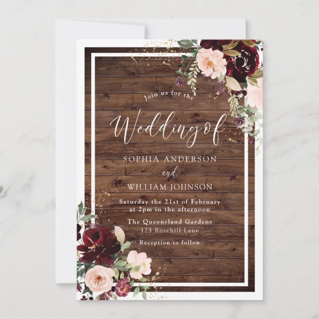 Invitación Borgoña Rubor Red Wine Floral Rustic Wood Boda (Anverso)