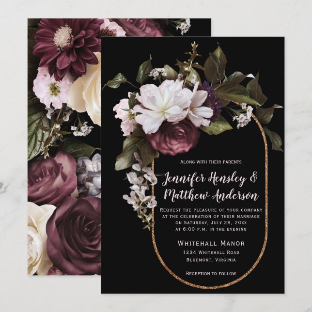 Invitación Borgoña, Rubor Rosa, Boda de Bouquet Floral Blanca (Anverso / Reverso)