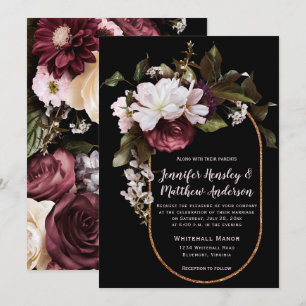 Invitación Borgoña, Rubor Rosa, Boda de Bouquet Floral Blanca