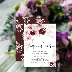 Invitación Borgoña Rubor Rosa Rosa Floral Baby Shower