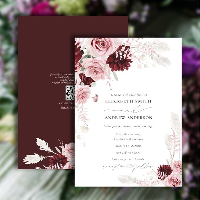 Invitación Borgoña Rubor rosa Roses Floral QR Boda de código (Subido por el creador)