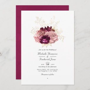 Invitación Borgoña Rubor rosa y dorado Código QR Boda RSVP