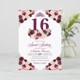 Invitación Borgoña Rubor rosado dulce floral dieciséis cumple