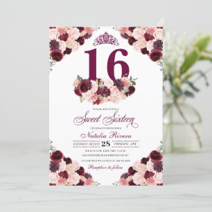 Invitación Borgoña Rubor rosado dulce floral dieciséis cumple