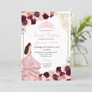Invitación Borgoña Rubor rosado dulce floral dieciséis cumple