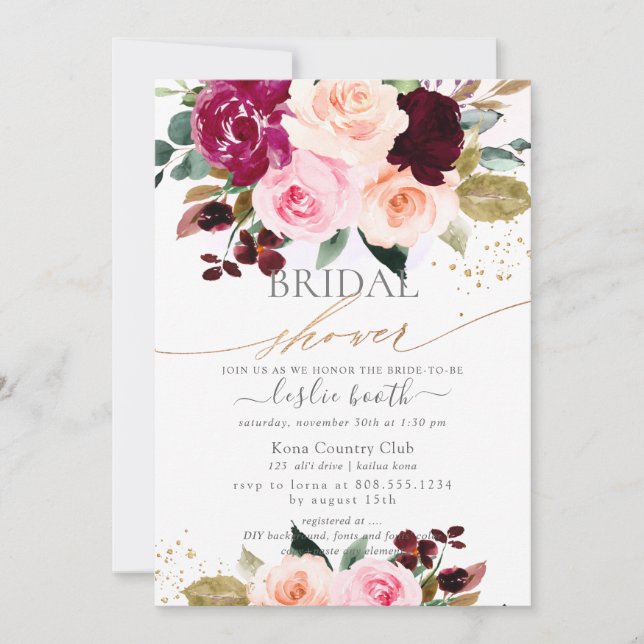 Invitación Borgoña Rubor Roses rosas rosas rosas duchas de no (Anverso)