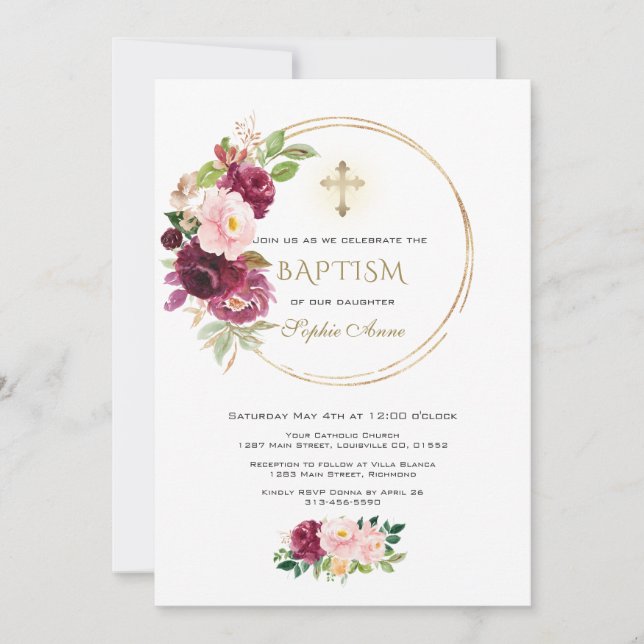 Invitación Borgoña Rubor Saffron Floral Gold Cross Baptism (Anverso)