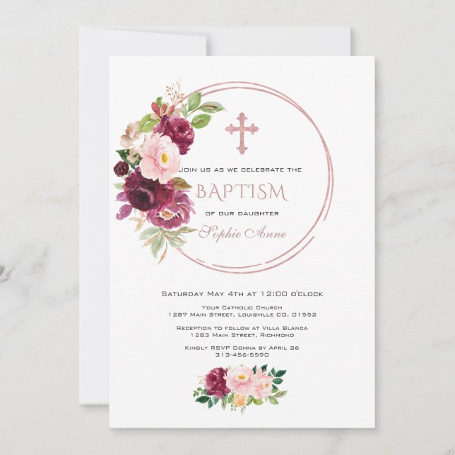 Invitación Borgoña Rubor Saffron Floral Rosa Bautismo de Oro (Anverso)